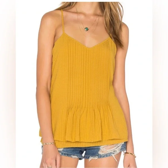 SANCTUARY mustard yellow pleated front, light ruffle trim sleeveless V neck top - Picture 10 of 10